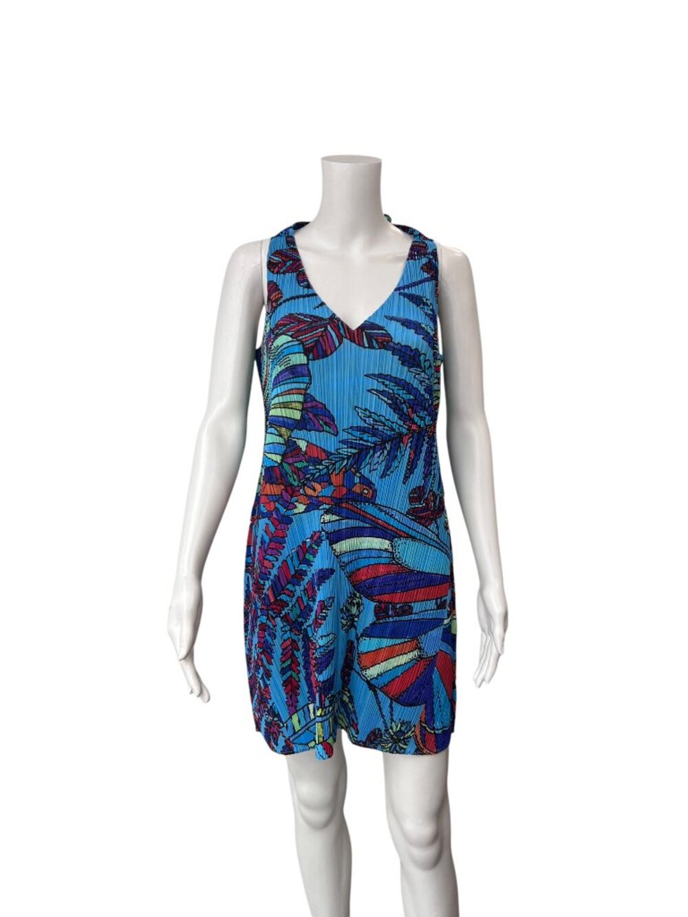 Issey Miyake Pleats Please Multi Blue Tropical Floral Mini Tunic Dress size 4